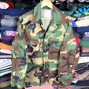 Vintage Military‎ Style Woodland Camo BDU Field Jacket Shirt Green Brown Medium